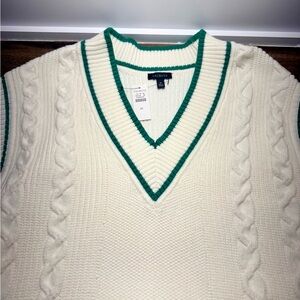 Talbots Cream Cable Knit Vest with Green Trim